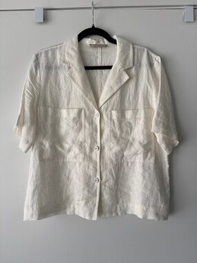 Everlane Cream Short-Sleeve Linen Button-Up Top